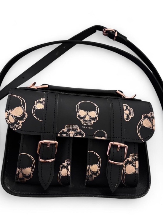 Grafea Handbags - Grafea Black Skull Print Leather Crossbody Bag with Rose Gold Hardware